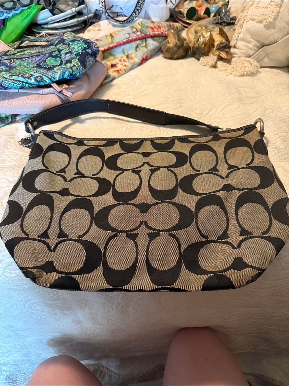 Coach Khaki and Black Signature Hobo Shoulder Bag